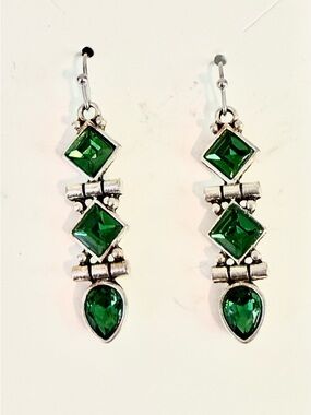 Three Tier Green & Silver Fish Hook Dangle Earrings
